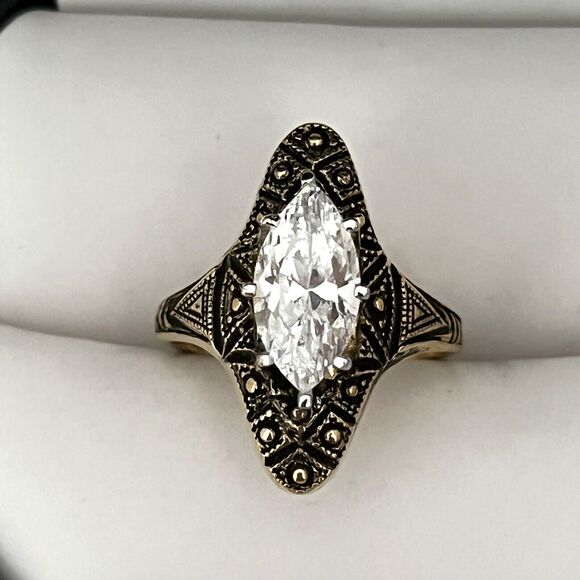 Vintage 18KT Ring Size 7 Gold Plate Marquis Cut Mid-Century Art Deco Style 4Q - Picture 4 of 5